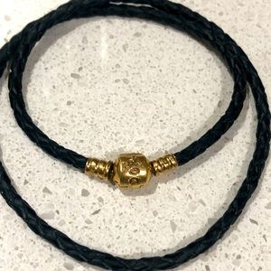 Pre-Loved PANDORA CHOCKER/Black Braided Leather&14K Yellow Gold/16”Length/6.7GR